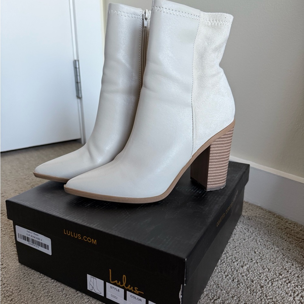 Lulu's White and Tan Heeled Boots with Pointed Toe